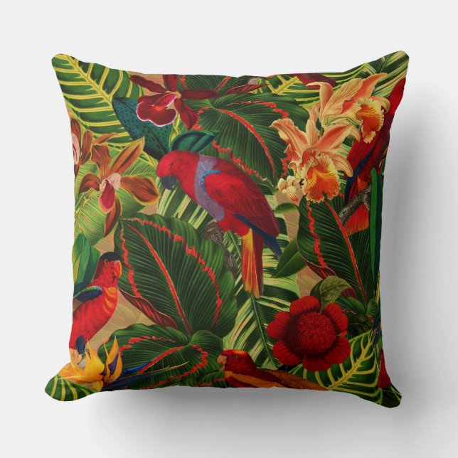 Antique Tropical Parrots Jungle Pattern Cushion (Front)