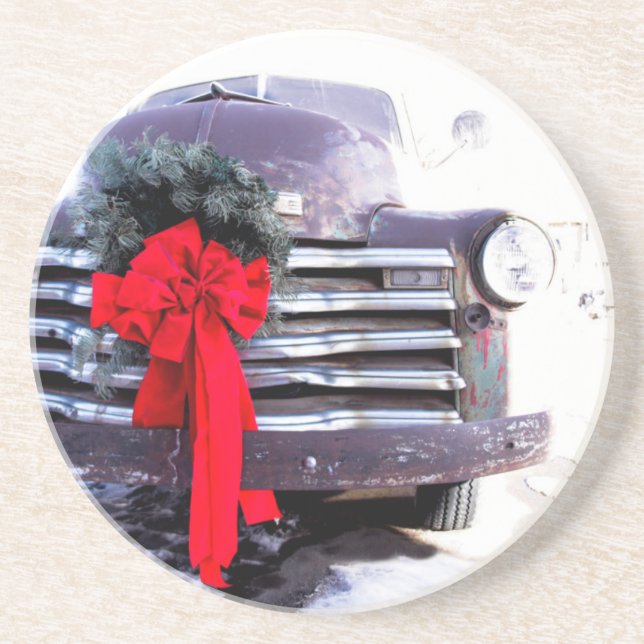 Antique Truck with Festive Christmas Wreath Coaster (Front)