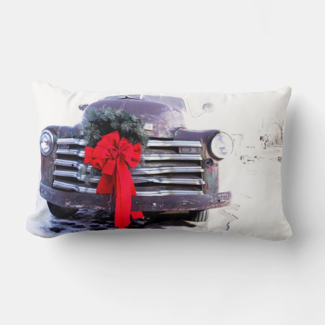 Antique Truck with Festive Christmas Wreath Lumbar Cushion (Front)