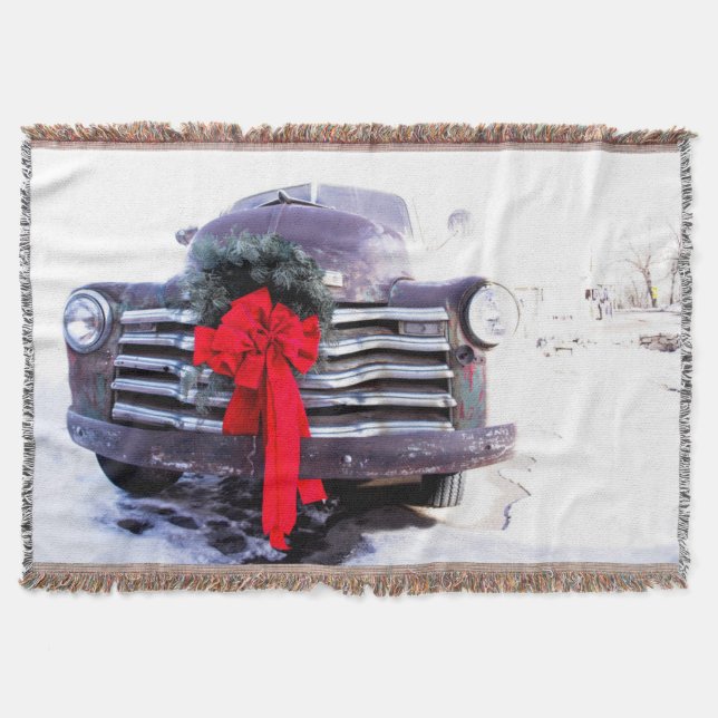 Antique Truck with Festive Christmas Wreath Throw Blanket (Front)