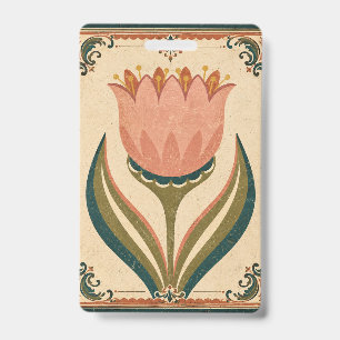 Antique Tulip Folk Art Illustration Vintage Style ID Badge