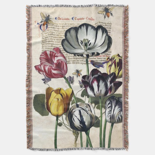 Antique Tulips Throw Blanket (Front Vertical)