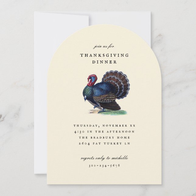 Antique Turkey Illustration Thanksgiving Dinner Invitation (Front)
