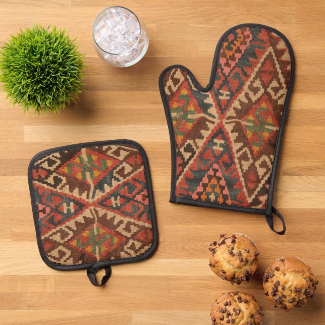 Antique  Turkish Oriental  Kilim Rug Oven Mitt & Pot Holder Set (Top Down)