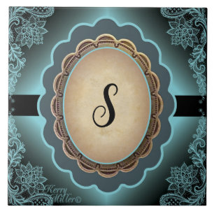 Antique Turquoise Lace Monogram Ceramic Tile