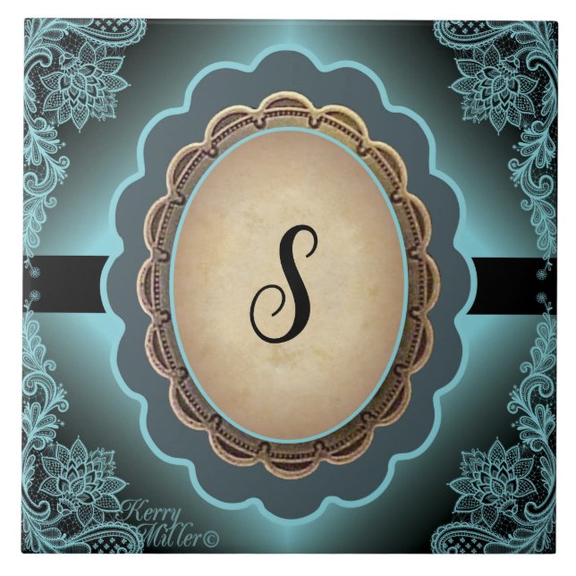 Antique Turquoise Lace Monogram Ceramic Tile (Front)