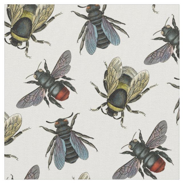 Antique Typographic Vintage Honey Bee Illustration Fabric (Close Up)