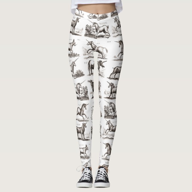 Antique Unicorn Engraving Vintage Zoology Specimen Leggings (Front)