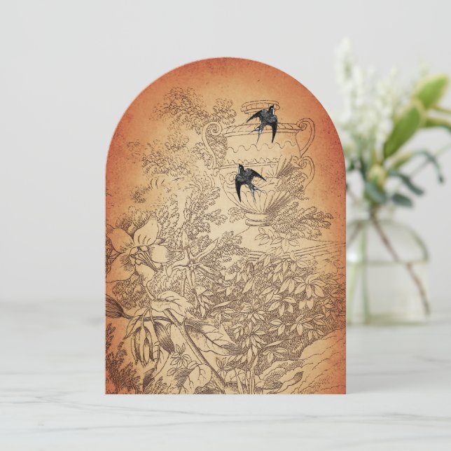 Antique Urn Tree Vintage Birds Wedding Invites (Standing Front)