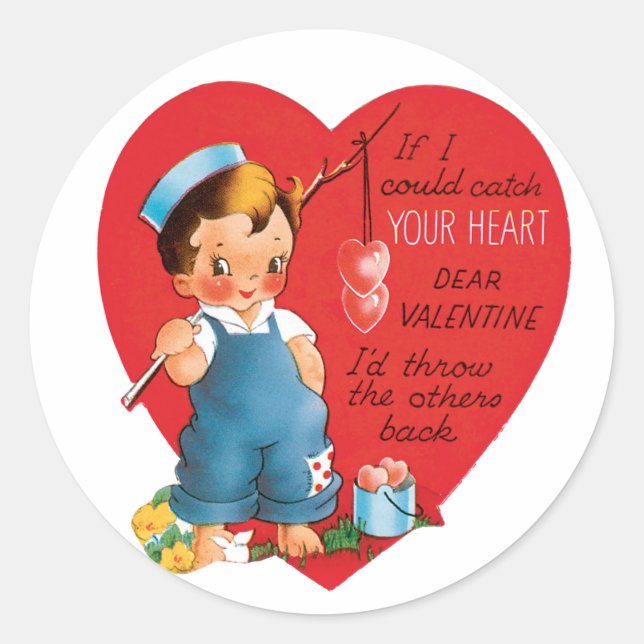 Antique Valentine Boy Heart Classic Round Sticker (Front)
