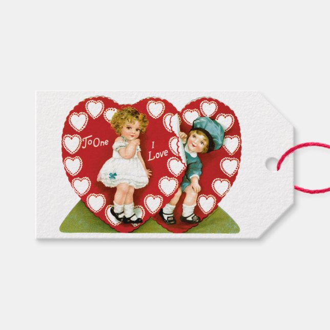 Antique Valentine Couple Heart Gift Tags (Front (Horizontal))