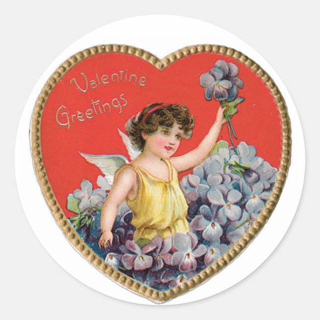 Antique Valentine Cupid Heart Classic Round Sticker (Front)