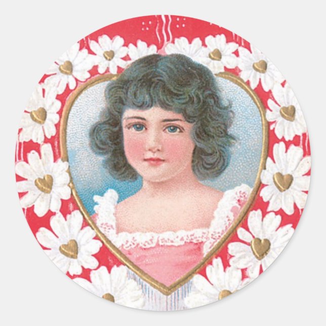 Antique Valentine Girl Flower Classic Round Sticker (Front)