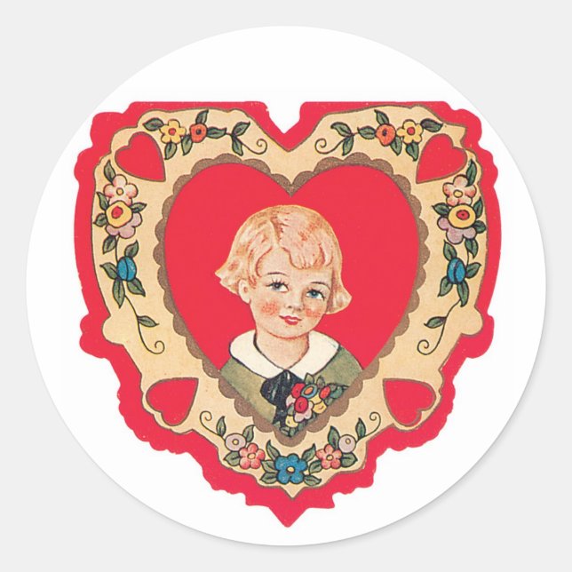 Antique Valentine Girl Heart Classic Round Sticker (Front)