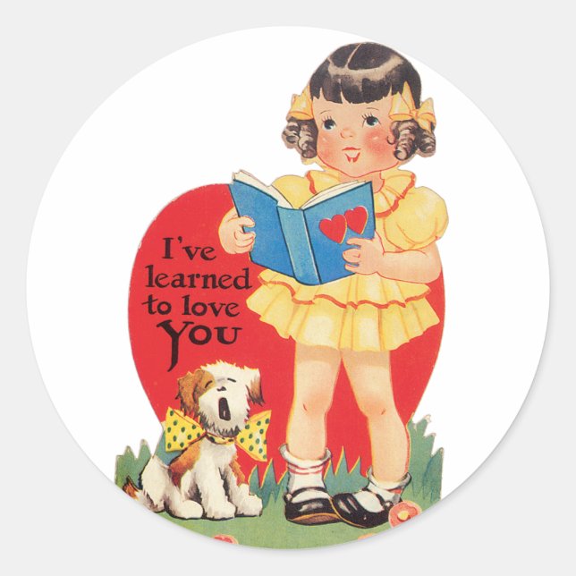 Antique Valentine Girl with Puppy Classic Round Sticker (Front)