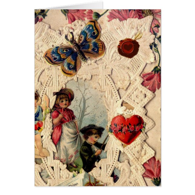 ANTIQUE VALENTINE LACE,CUPID,LOVERS AND BUTTERFLY (Front)