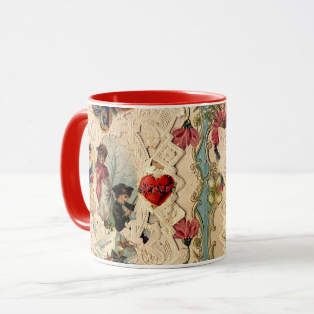 ANTIQUE VALENTINE LACE,CUPID,LOVERS AND BUTTERFLY MUG (Front Left)
