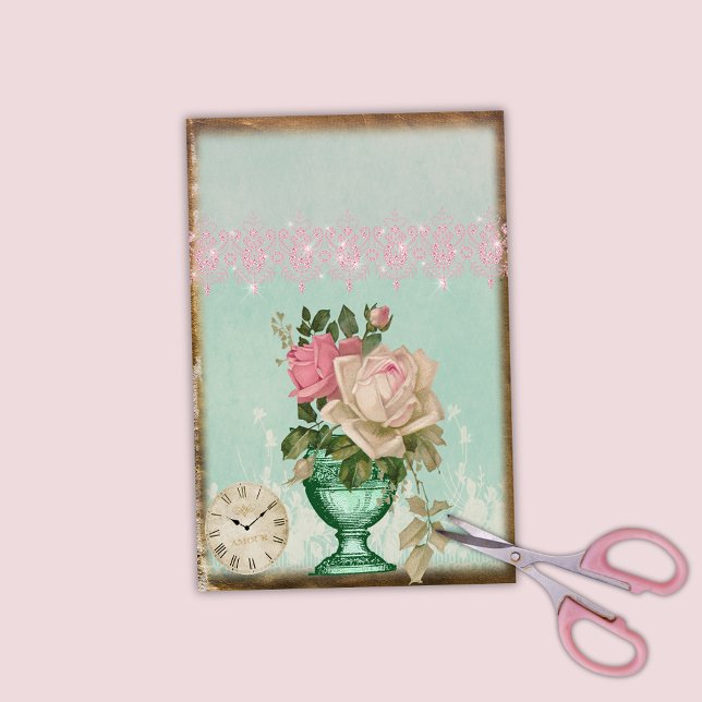 Antique Vase of Roses and Clock and Pink Lace Tissue Paper (Creator Uploaded)