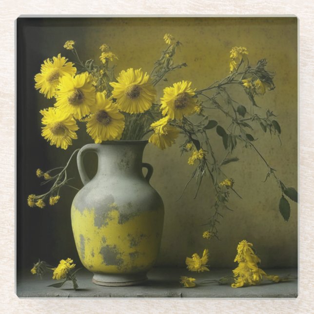 Antique Vase of Yellow Flowers Glass Coaster (Front)