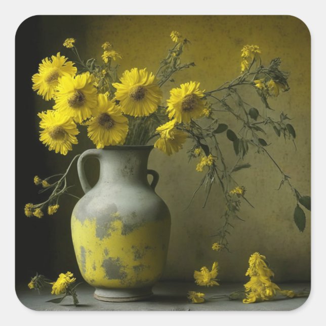 Antique Vase of Yellow Flowers Square Sticker (Front)