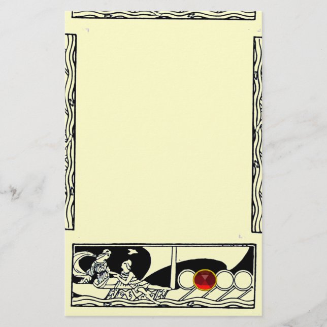 ANTIQUE VESSEL AND LOVERS Red Ruby Gem Black Ivory Stationery (Front)