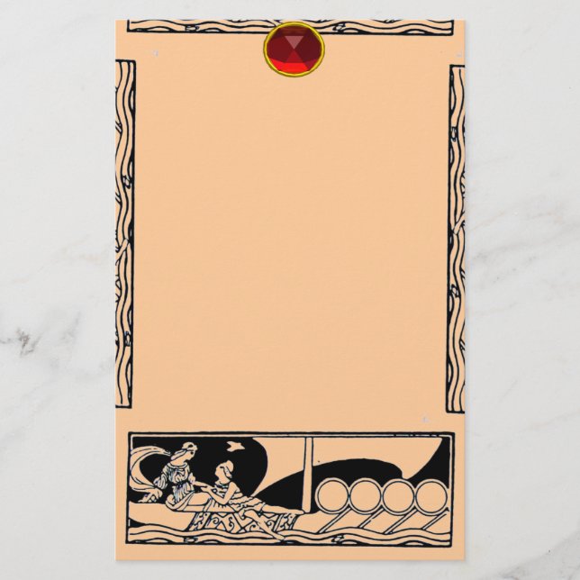 ANTIQUE VESSEL AND LOVERS Ruby Gem Black Peach Stationery (Front)