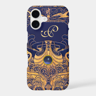 Antique Vessel,Dolphins,Gold,Navy Blue Monogram