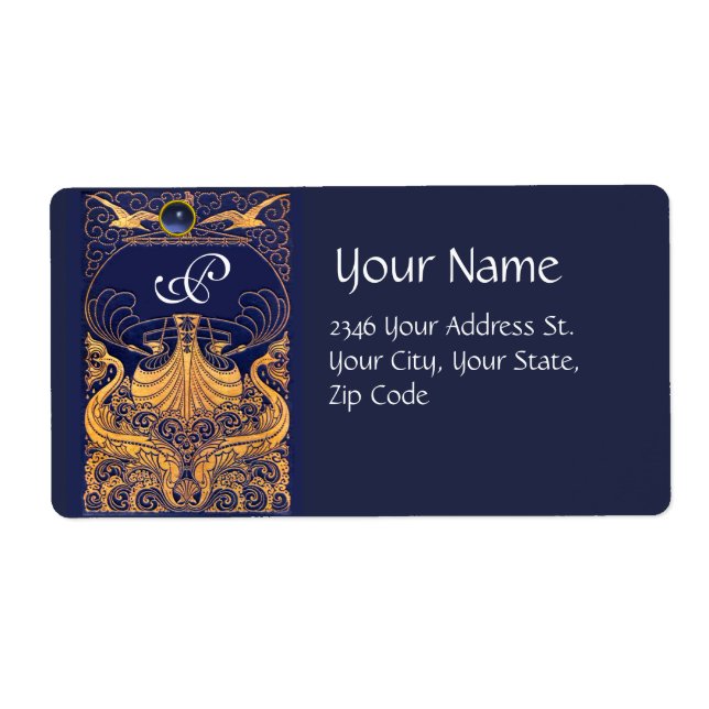 Antique Vessel,Dolphins,Gold,Navy Blue Monogram (Front)