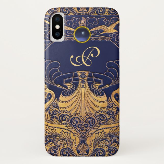 Antique Vessel,Dolphins,Gold,Navy Blue Monogram Case-Mate iPhone Case (Back)