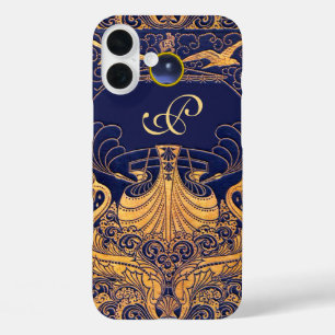 Antique Vessel,Dolphins,Gold,Navy Blue Monogram iPhone 16 Plus Case