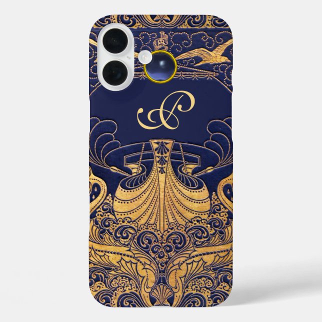 Antique Vessel,Dolphins,Gold,Navy Blue Monogram Case-Mate iPhone Case (Back)
