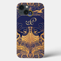 Antique Vessel,Dolphins,Gold,Navy Blue Monogram