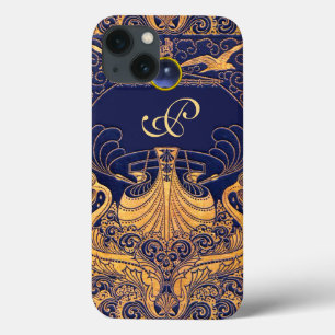 Antique Vessel,Dolphins,Gold,Navy Blue Monogram iPhone 13 Case