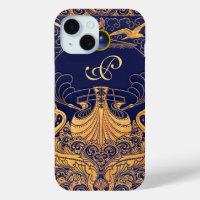 Antique Vessel,Dolphins,Gold,Navy Blue Monogram