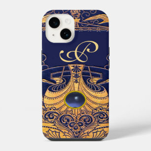 Antique Vessel,Dolphins,Gold,Navy Blue Monogram iPhone 14 Case