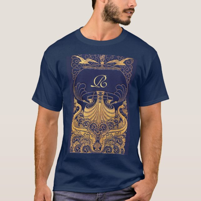 Antique Vessel,Dolphins,Gold,Navy Blue Monogram T-Shirt (Front)