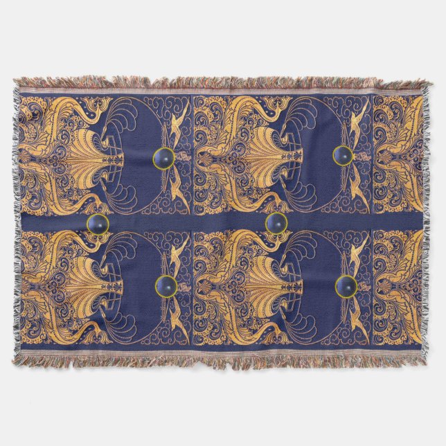 Antique Vessel,Dolphins,Gold,Navy Blue Nautical Throw Blanket (Front)