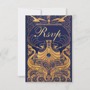Antique Vessel,Dolphins,Gold,Navy Blue Rsvp Card