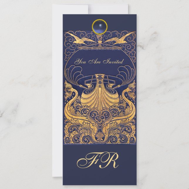 Antique Vessel,Dolphins,Yellow,Navy Blue Monogram Invitation (Front)