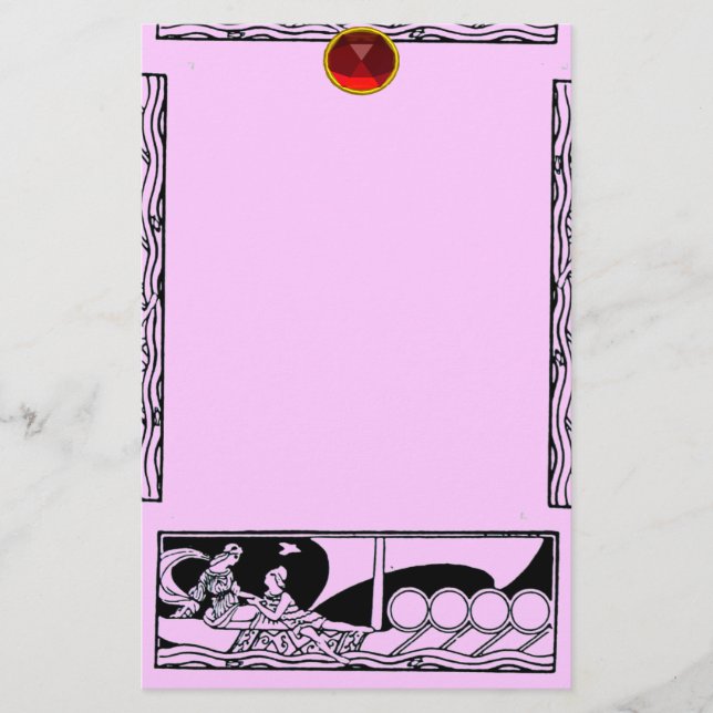 ANTIQUE VESSEL,LOVERS Red Ruby Gem Black Pink Lila Stationery (Front)