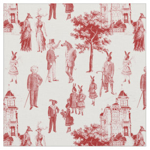 antique victorian animal toile anthropomorphic red fabric