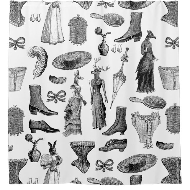 antique victorian animals black white toile women shower curtain (Front)