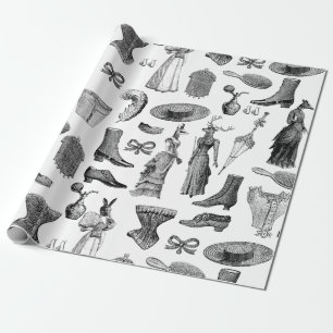 antique victorian animals black white toile women wrapping paper