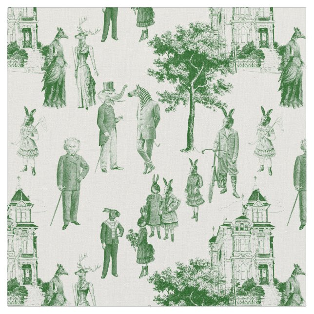 antique victorian animals toile green fabric (Close Up)