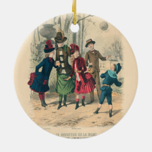 Antique Victorian Children Play Ball 1880 Winter Ceramic Tree Decoration