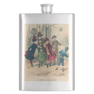 Antique Victorian Children Play Ball 1880 Winter Hip Flask