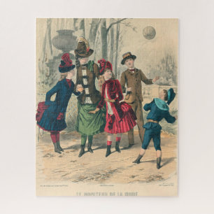 Antique Victorian Children Play Ball 1880 Winter Jigsaw Puzzle