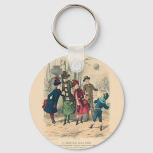 Antique Victorian Children Play Ball 1880 Winter Key Ring