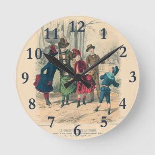 Antique Victorian Children Play Ball 1880 Winter Round Clock