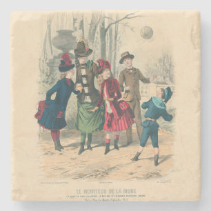 Antique Victorian Children Play Ball 1880 Winter Stone Coaster